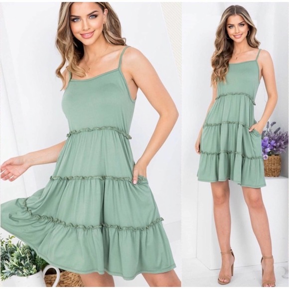 1 LEFT! Military Green Ruffle Tiered Flowy Women’s Cute Pocket Dress - Picture 2 of 5